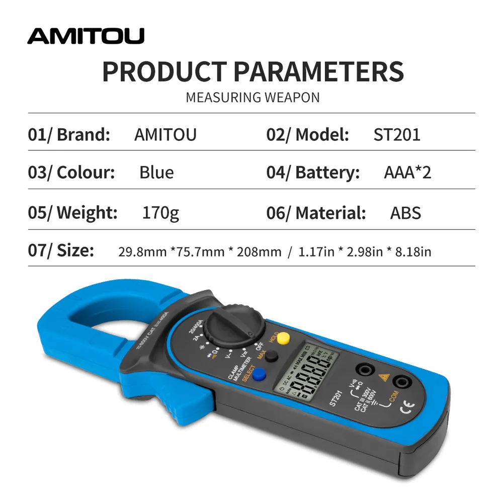 AMITOU – pince de comptage ST201 numérique professionnel 1999, multimètre de courant électrique, ammètre, condensateur de température ACDC, testeur de tension automatique