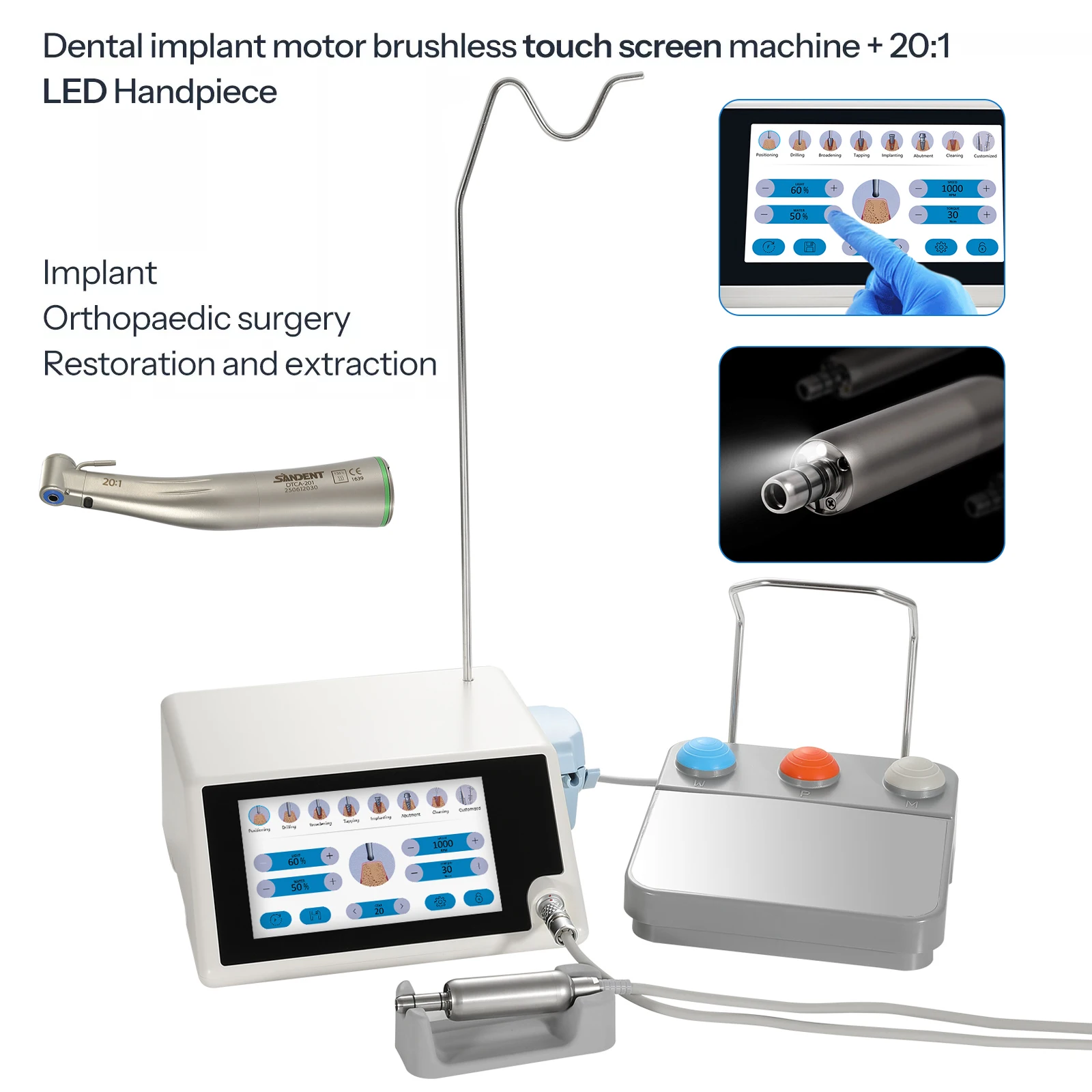 

Стоматологическая хирургическая бесщеточная имплантологическая моторная система с LED-сенсорным экраном и угловым наконечником с оптоволокном 20:1 (нажимной)
