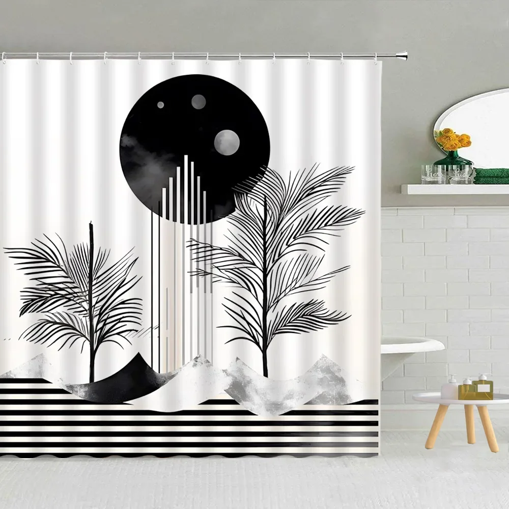 Black and White Shower Curtain, Abstract Mid-Century Modern Minimalist Geometric Line Art Aesthetic Vintage Bathroom Decoration