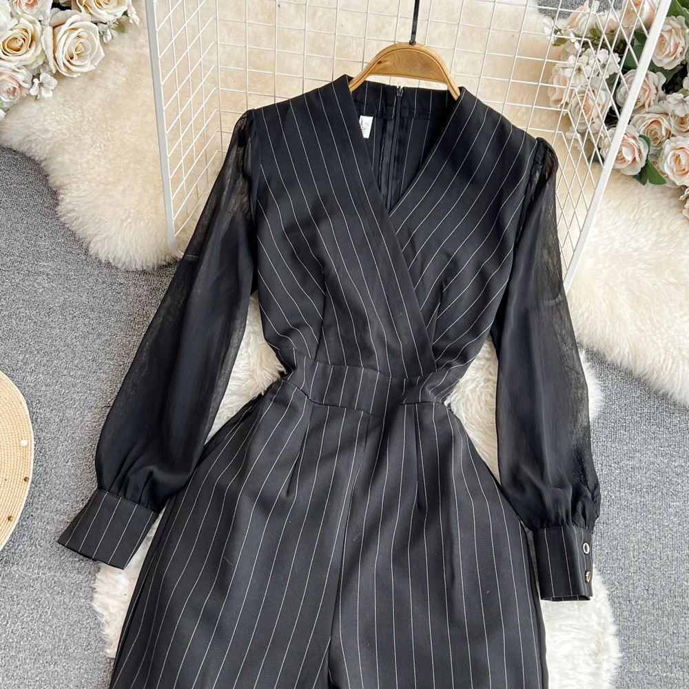 Nomikuma Elegant V-neck Striped Jumpsuit Casual High Waist Wide Leg Jumpsuit Autumn 2023 New Korean Fashion Bodysuits women