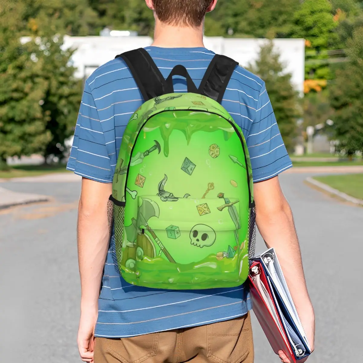 GELATINOUS CUBE Green Ooze Dnd Monster, Dnd Dice, Skull, Loot, Axe And Sword Backpack BookBag School Bag Shoulder Bags