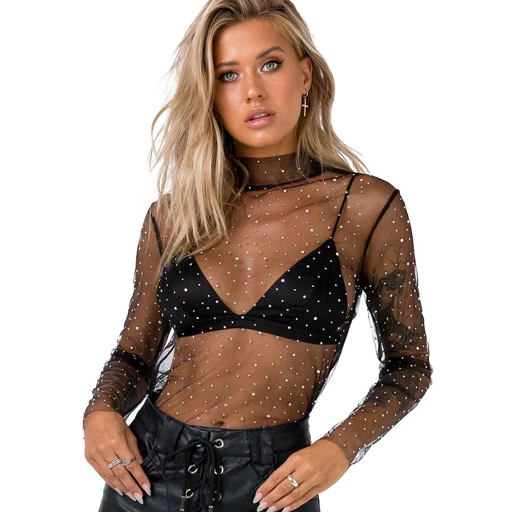 Summer Sexy Lace Mesh Sheer T Shirt Women Transparent Tops Turtleneck See Through Cover Up  Long Sleeve Shine Rhinestone Crops