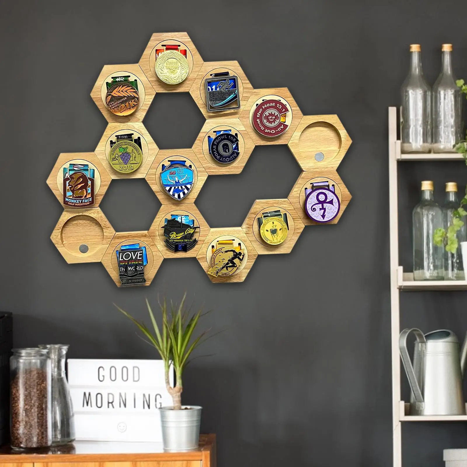 Honeycomb Combination Medal Display Stand Hexagonal Wood Shelf Sports Racing Honeycomb Combination Medal Display Stand