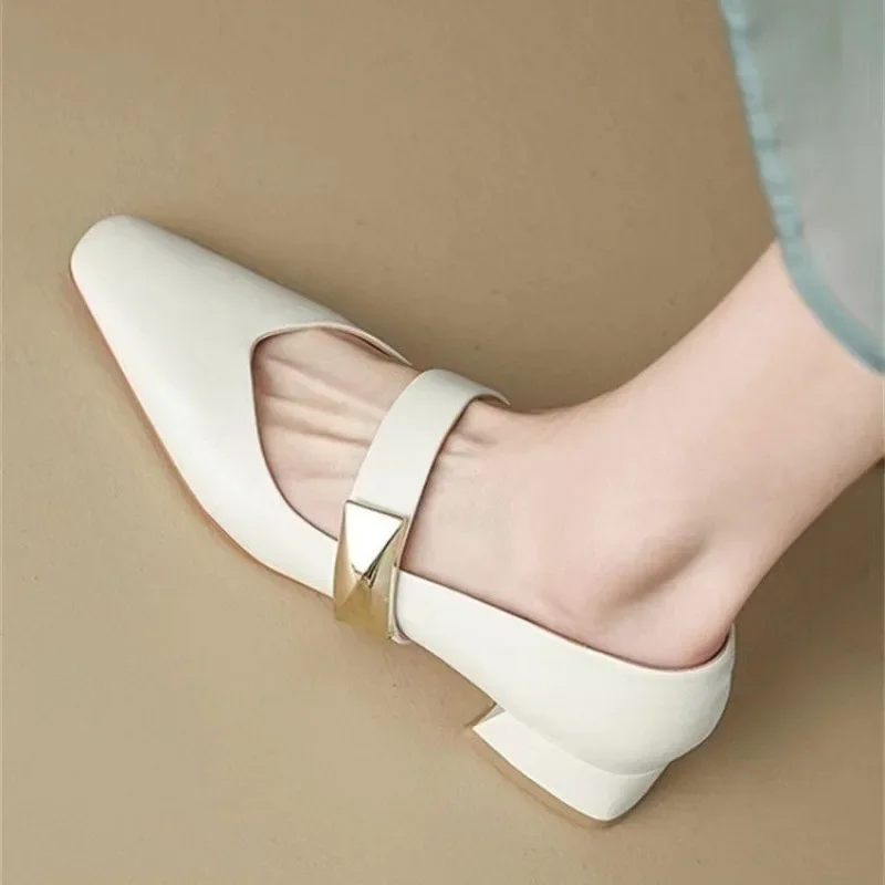 Ladies Summer Footwear with Medium Heels Shoes for Women 2024 Office White Square Toe Genuine Mark Beau Today Korean Style