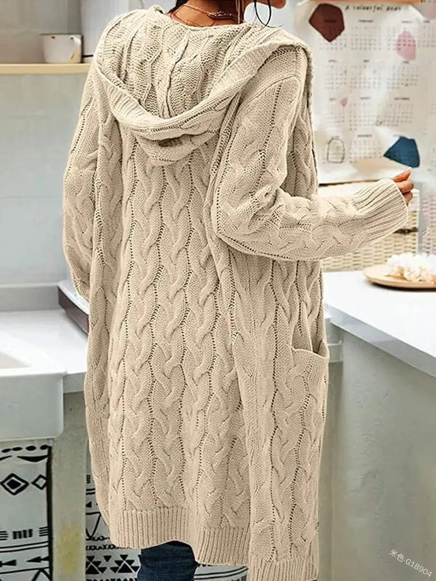 Women Knit Open Front Hooded Sweater Cardigan Cable Knit Sweaters Solid Color Autumn Winter Long Sweater Coats With Pockets