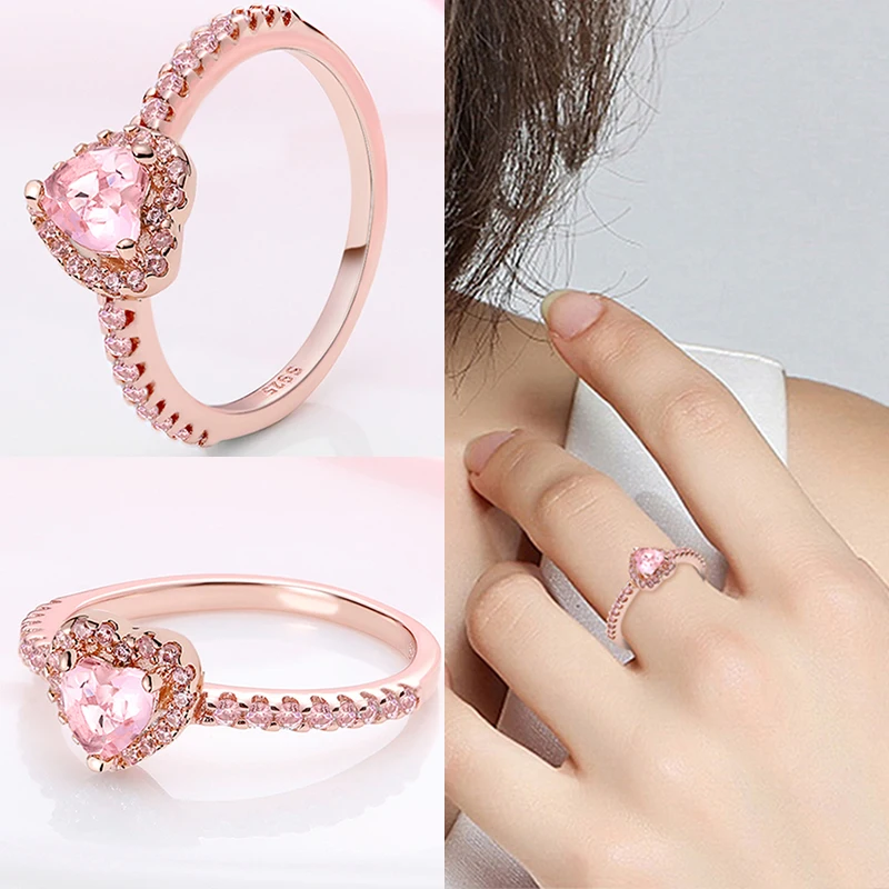 Anillos para mujer 100% Plata de Ley 925 corazón rosa corona estrella Luna copo de nieve anillos de circón joyería de boda de compromiso de moda