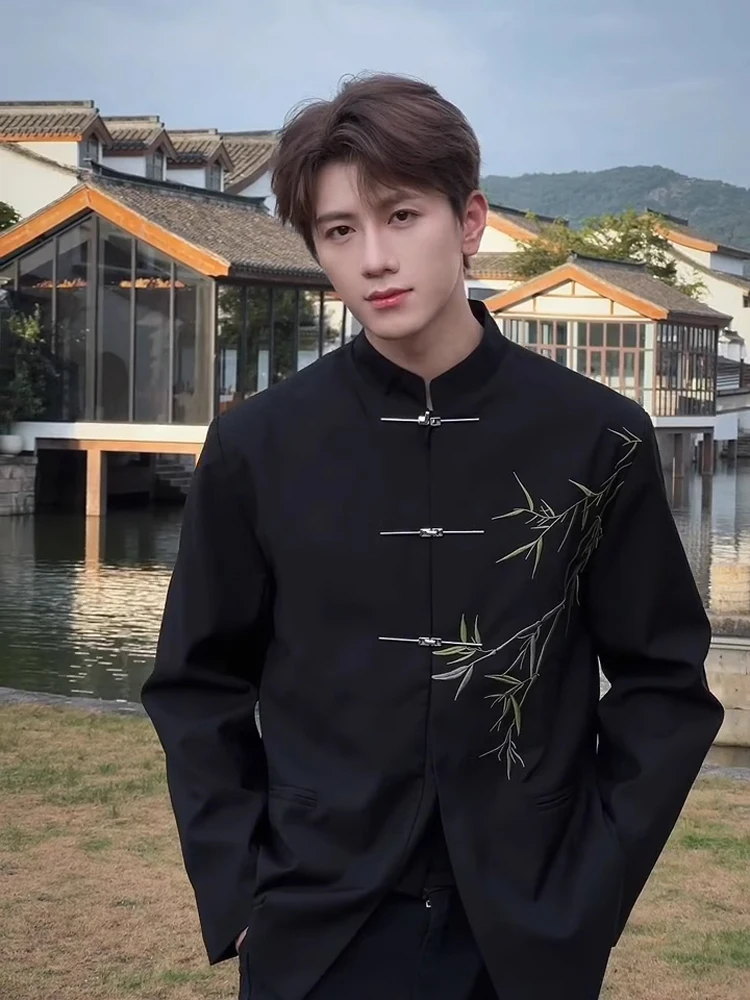 

Новый китайский мужской костюм с вышивкой, черный, с подплечниками, воротником-стойкой, для свадьбы, свободного кроя, повседневный