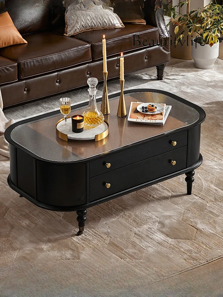 American Solid Wood Glass Coffee Table TV Cabinet Black Retro Living Room Mobile Tea Table Small Tea Table