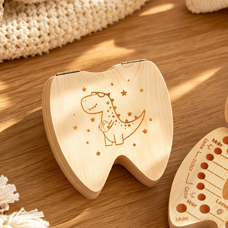 1PCS Dinosaur Theme Wooden Tooth Keepsake Box 2D Storing Teeth Fetal Hair Birth Souvenir Birthday Christmas Halloween Gift