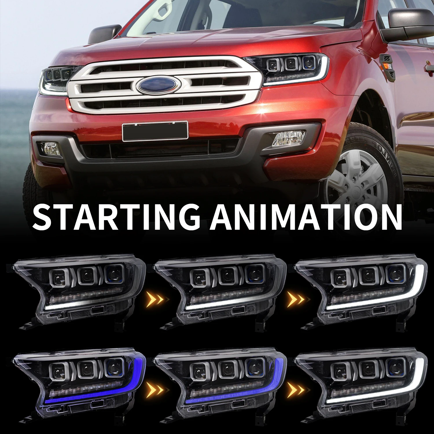 フォード・エベレスト（2015-2020）用ヘッドライト、フォード・レンジャー用3プロジェクターフルLEDフロントランプ工場