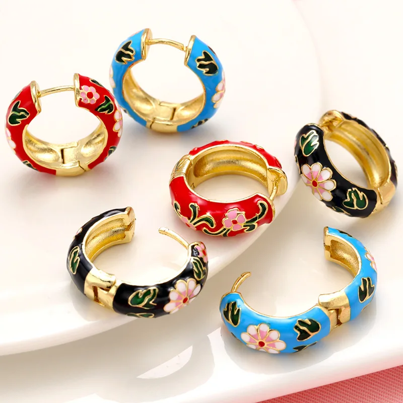 

Vintage Multicolor Enamel Flower Round Hoop Earrings Boho Gold Color Circle Round Earrings Statement Jewelry Gifts for Women