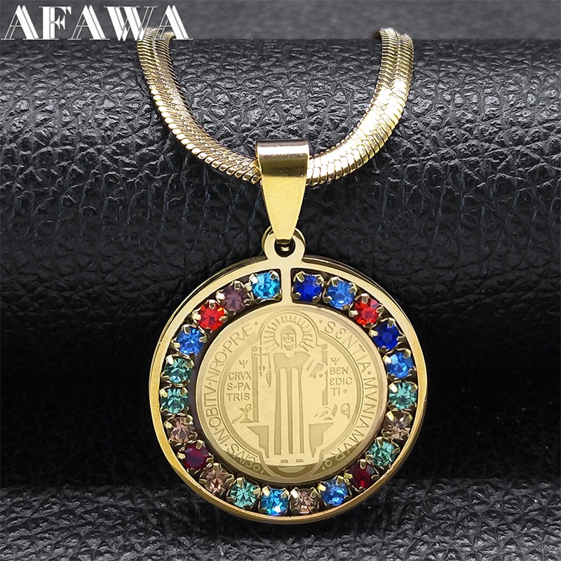 Saint Benedict Medal Pendant Necklace for Women Men Stainless Steel Gold Color San Benito Snake Chain Religious Jewelry NS02