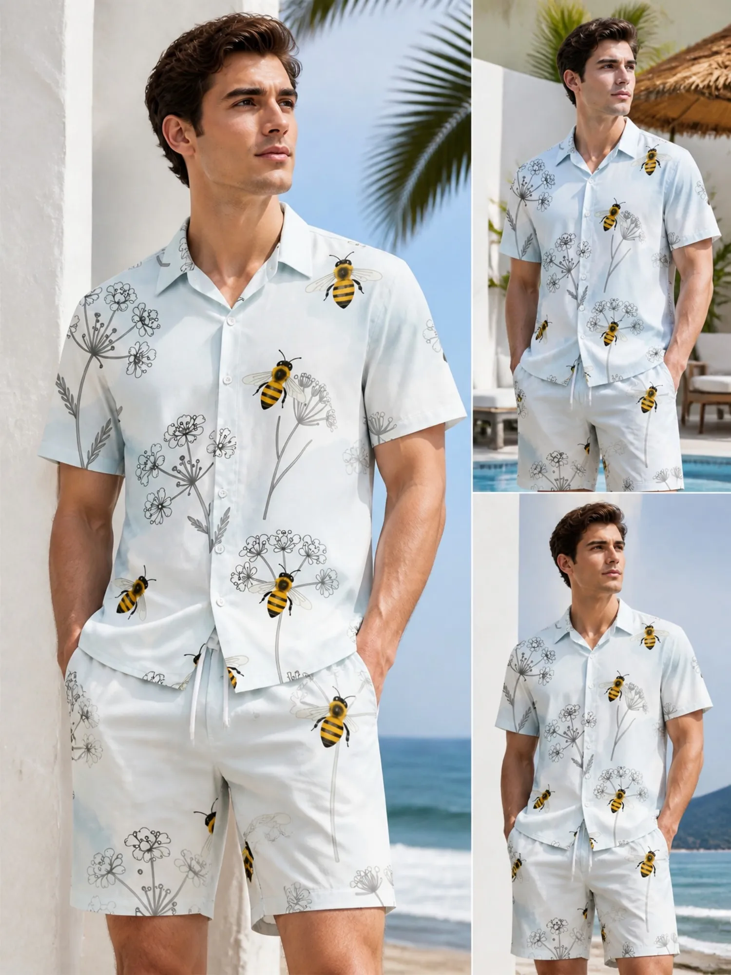 Ensemble chemise à manches courtes à fleurs et short à cordon de serrage pour homme, tenue de plage décontractée, ensemble de plage deux pièces, vêtements de voyage