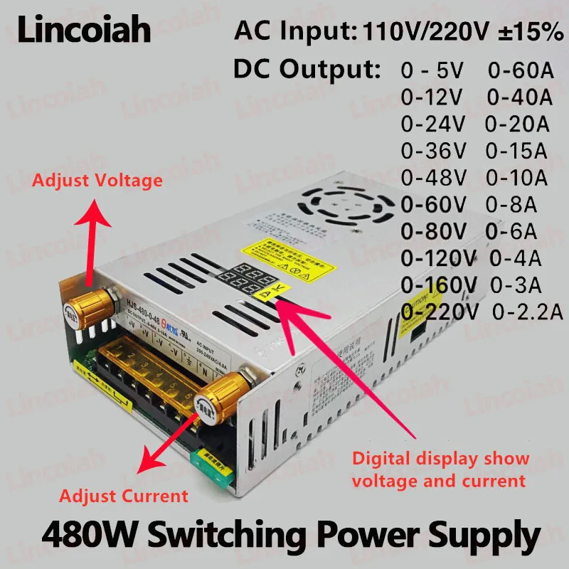 

AC DC 5V 12V 24V 36V 48V Adjustable Switching Power Supply 60V 80V 120V 160V 220V 300V 480W With Digital Display Power Supply