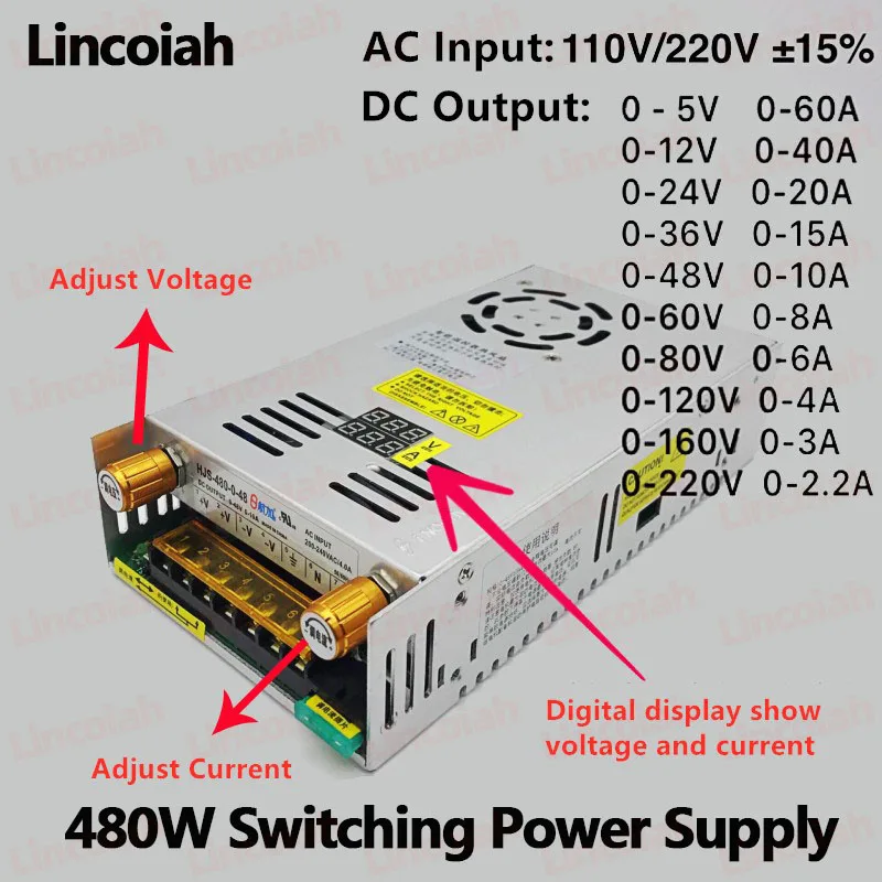 AC Dc 5V 12V 24V 36V 48V Verstelbare Schakelende Voedingsadapter 60V 80V 120V 160V 220V 300V 480W Met Digitale Display Smps