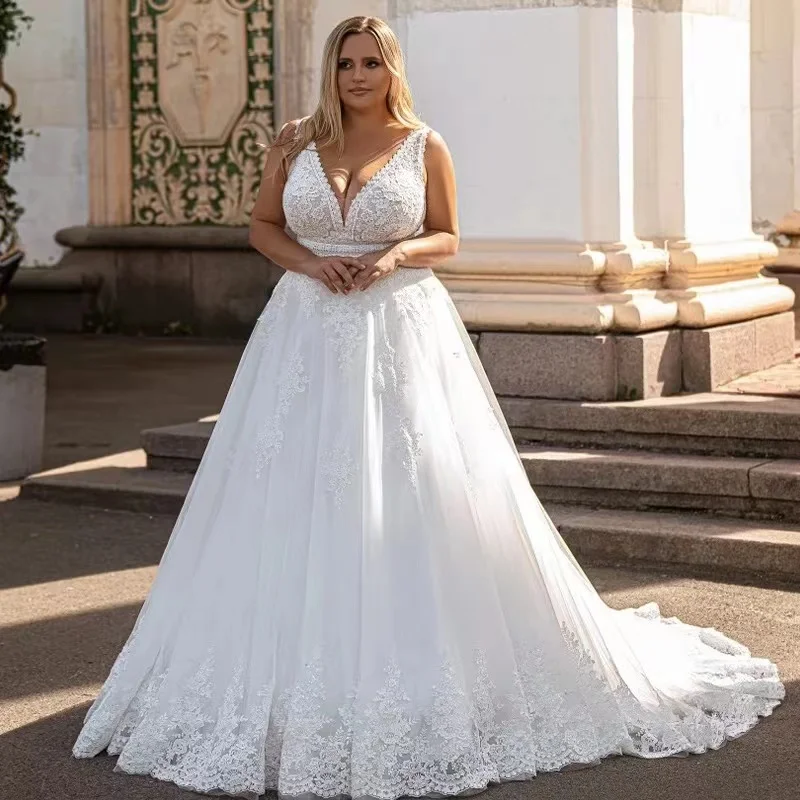 

Flavinke Boho Lace Wedding Dresses 2025 Sleeveless Double V-Neck Back Bride Gowns Plus Size A-Line Applique vestidos de novia