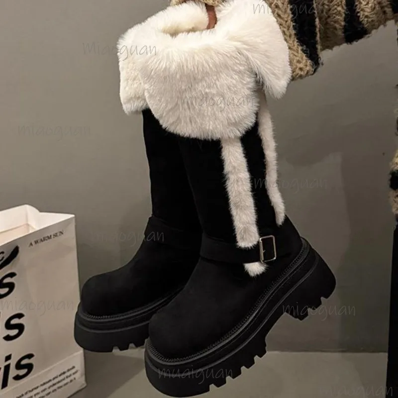 

Winter Warm Short Plush Women Knee-High Snow Boots Belt Buckle Fur Lined Chunky Platform Shoes for Women Comfortable Long Boots