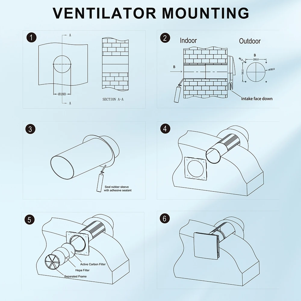 KCvents VT501F-WF Wall Ventilator Fan HEPA/Carbon Filter 3-Speed WiFi Bluetooth Mosquito Proof Quiet Sleep Mode Fresh Air System