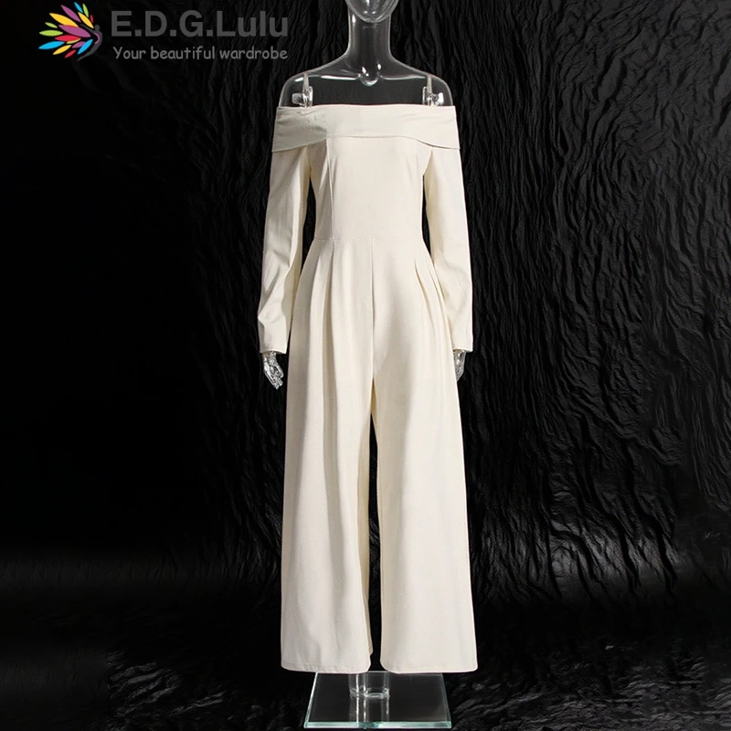 

EDGLuLu Off Shoulder Long Sleeved Jumpsuit Pants Ladies Square Neck Slim White Black Wide Leg Jumpsuit 2025 Fall 1004