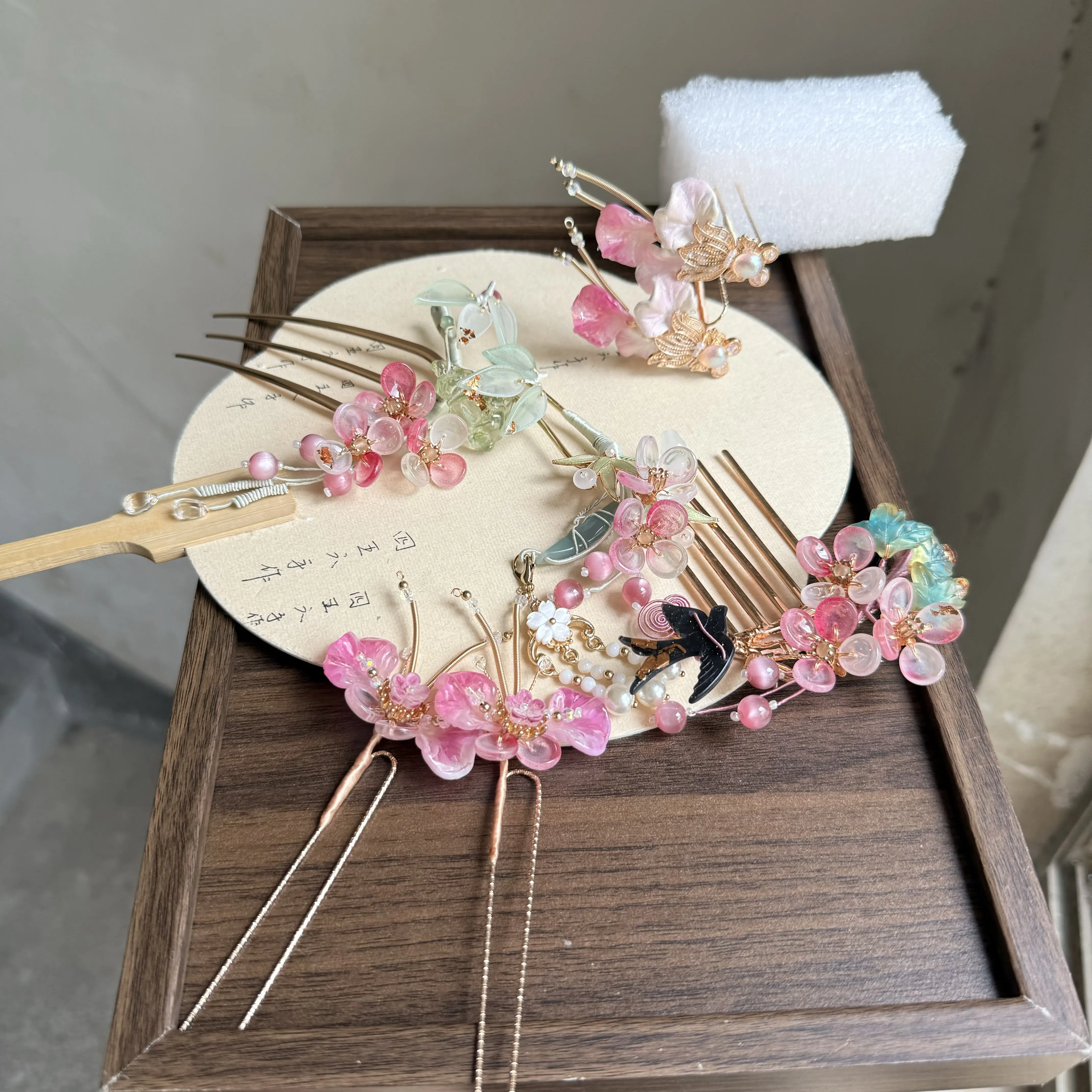 Rose Colored Ancient Chinese Glass Hair Sticks Combs Pins Set 3d Butterfly Goldfish Flower Swallow Design Hanfu Hair Accessories