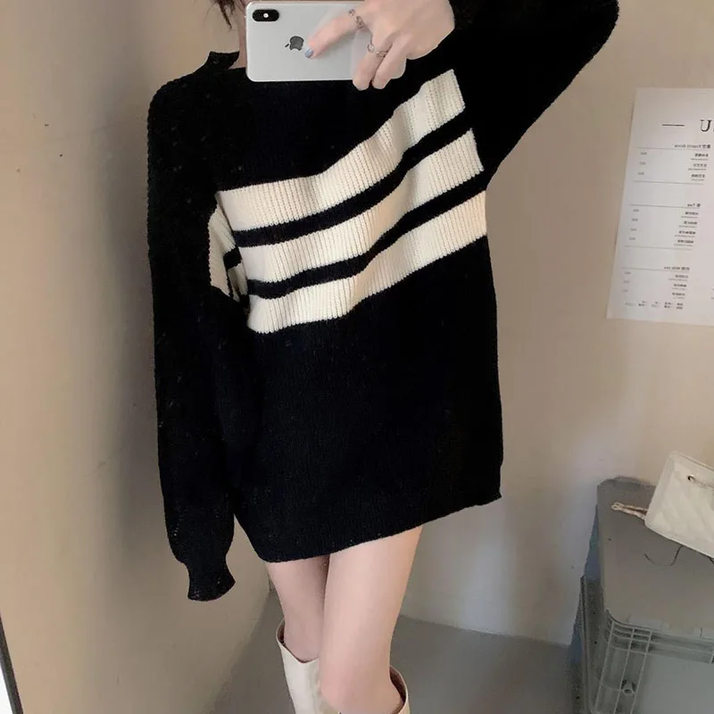 Zoki Striped Vintage Swetry Kobiety Leniwy Wiatr Luźne Dzianinowe Pulowery z Długim Rękawem Koreańskie Oversize Casual Streetwear Swetry Jesień