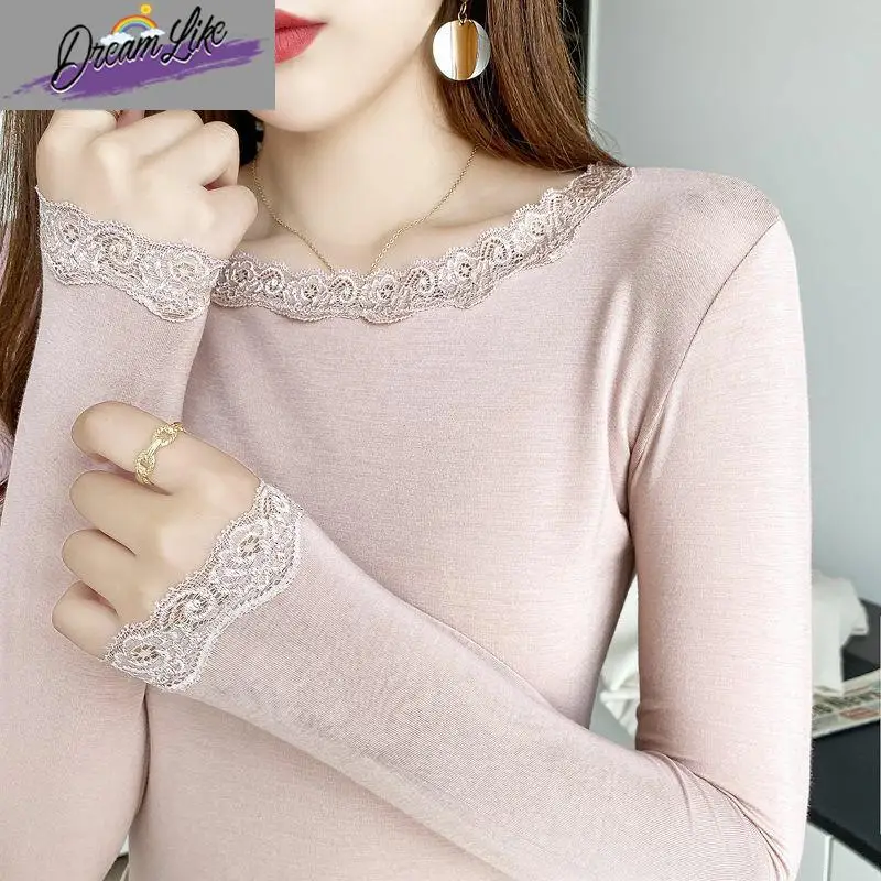 プラスサイズモーダルレーストリムラウンドネック長袖ベースシャツ女性の-tシャツ薄い秋服多用途春秋着用