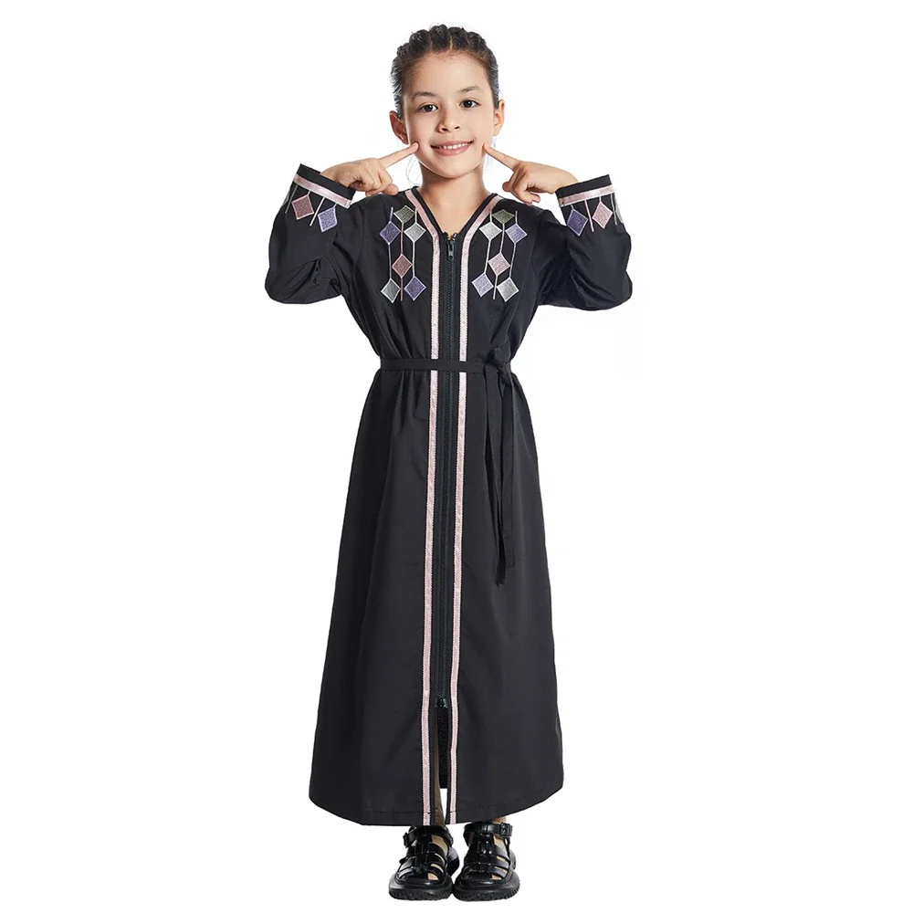 Muslim Kids Girls Embroidery Maxi Dress Zipper Robe Ramadan Eid Djellaba Islamic Children Clothing Arabic Abaya Turkey Kaftan