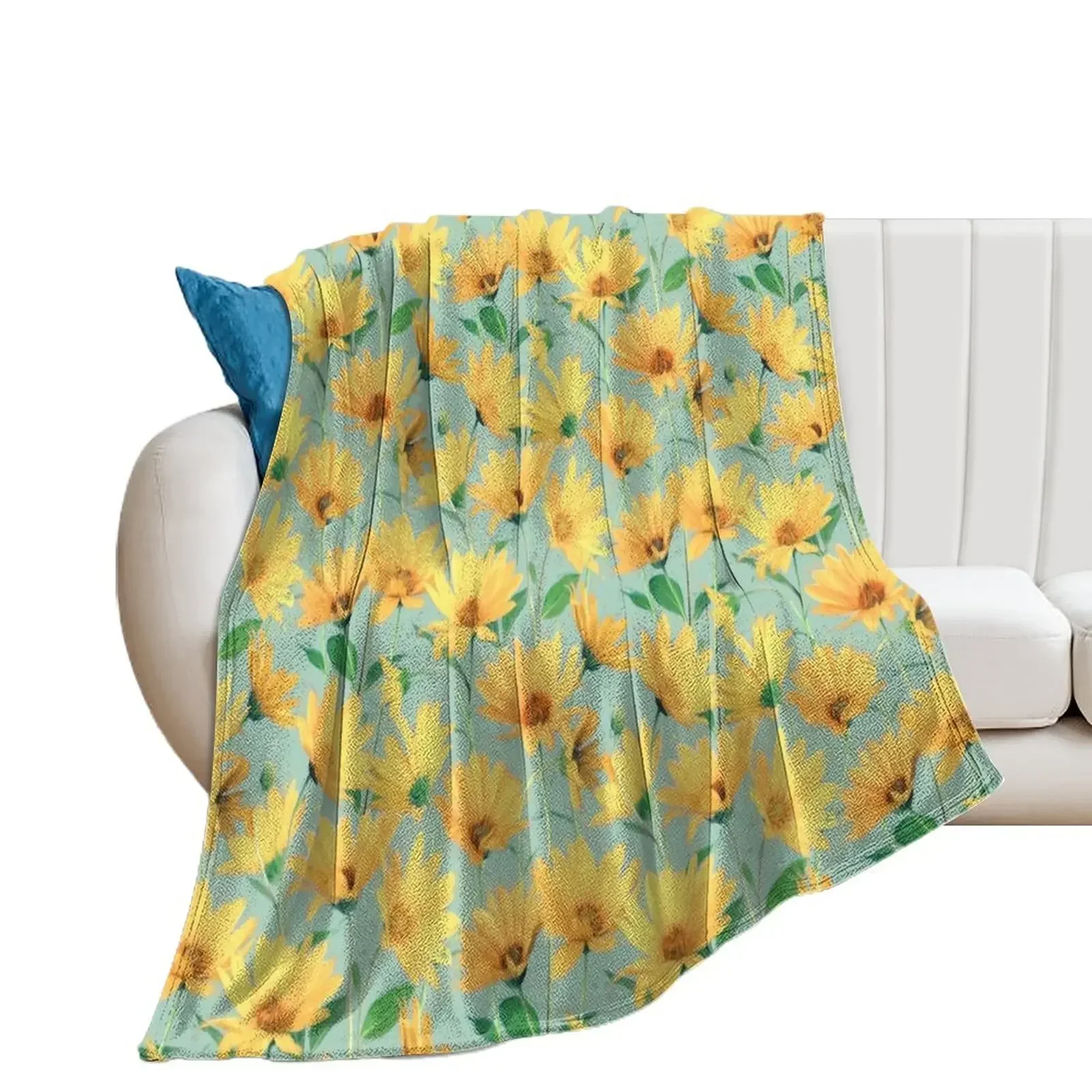 

Painted Golden Yellow Daisies on soft sage green Throw Blanket Camping Tourist Shaggy Blankets