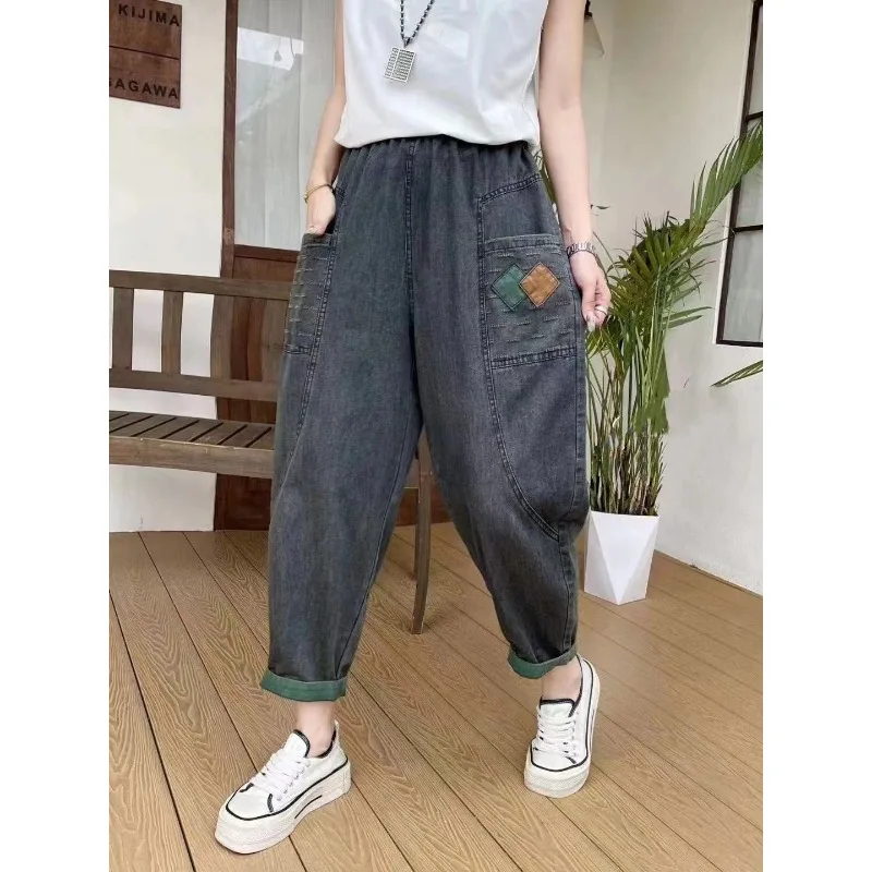 

Женские повседневные джинсы-шаровары Ed Hardy с эластичным поясом, свободного кроя, в стиле винтаж, с лоскутными вставками, джинсовые, больших размеров, для повседневной носки