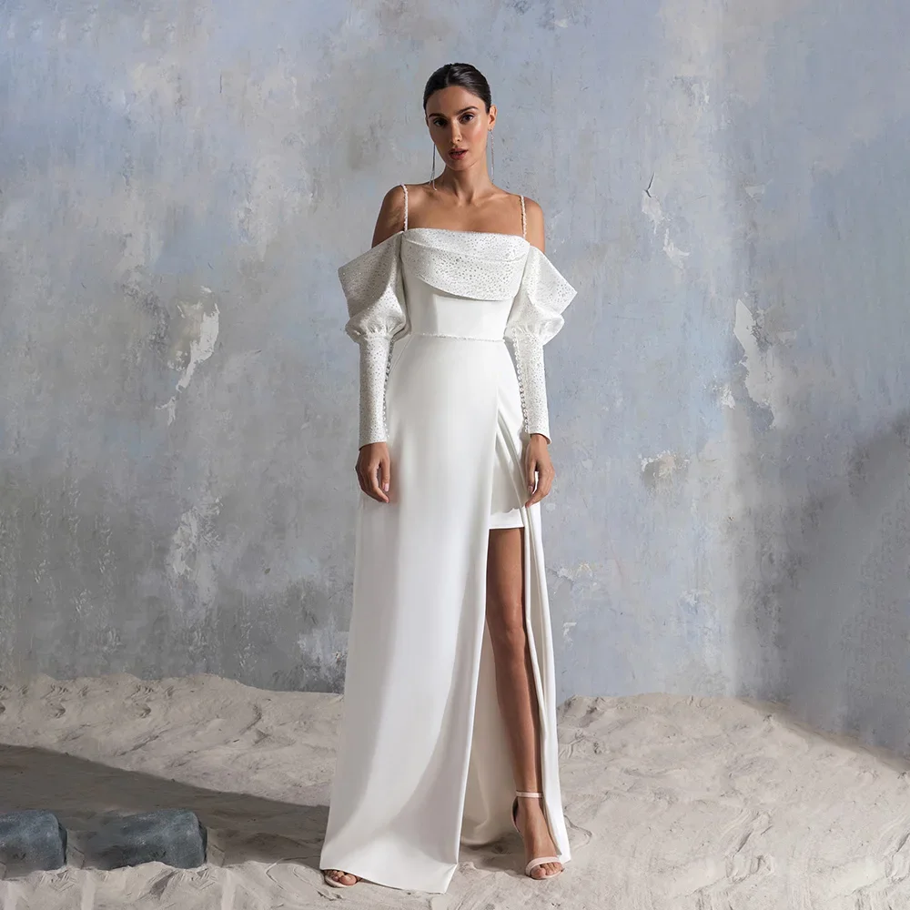 

Свадебные платья UETEEY по индивидуальному заказу, длиной до пола, на тонких бретельках, с открытой спиной, большие размеры, трапециевидной формы, атласный вырез лодочкой, с длинными рукавами, свадебный G