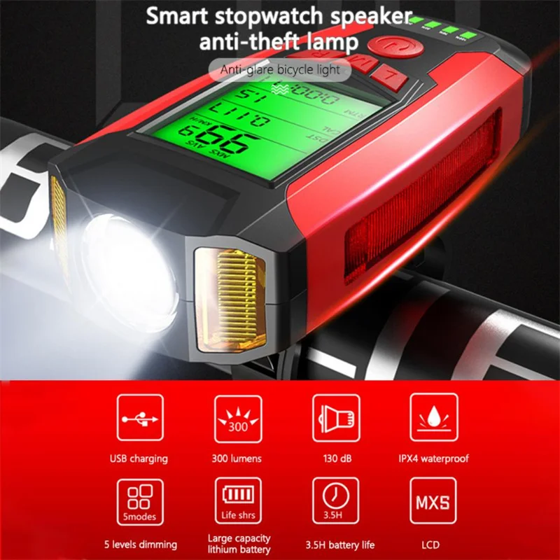 3 In 1 USB Rechargeable Bicycle Flashlight With Computer Speedometer 5 Lighting Modes Bicycle Headlight Beep Bicycle Flashlight