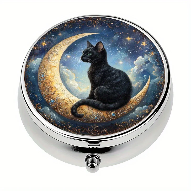 Single pack, 3-compartment pill box, mini pill box with a black cat sitting on a crescent moon, pill storage box, unique travel gift, best Christmas gift