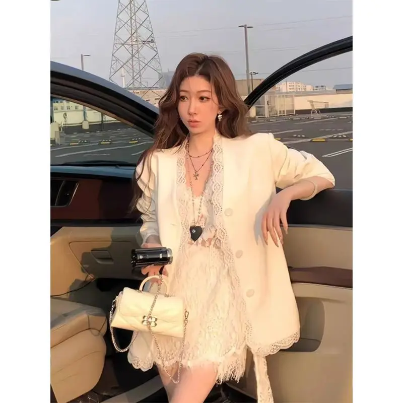 Lace Patchwork V-neck Single-breasted Casual Blazer Women Spring New Loose All Match Commuter Women Blazers and Jackets