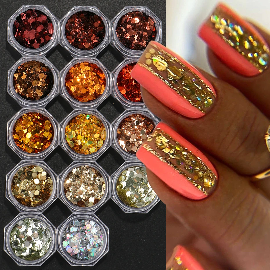 กลิตเตอร์ตกแต่งเล็บ 14 ชิ้น สีแดง ทอง เงิน โฮโลแกรม แบบ 3 มิติ รูปทรงหกเหลี่ยม ประกายวิ้ง แบบเมอร์เมด สำหรับตกแต่งเล็บ