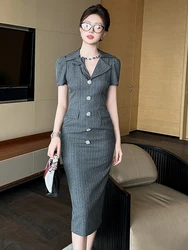 New Summer Retro Striped Work Style Formal Pencil Dress Women Clothes Commute Elegant Lady Lapel Short Sleeve Slim Midi Vestidos
