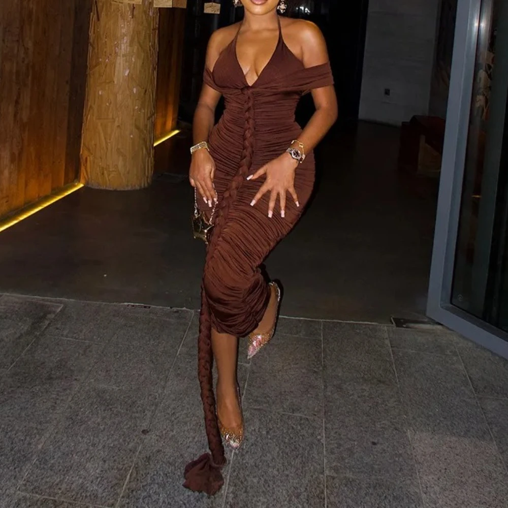 Frauen Sexy Braid Band Geraffte Bodycon Maxi Kleid V-ausschnitt Spitze Up Halter-Backless Off Schulter Schlank Bankett Party Lange Robe