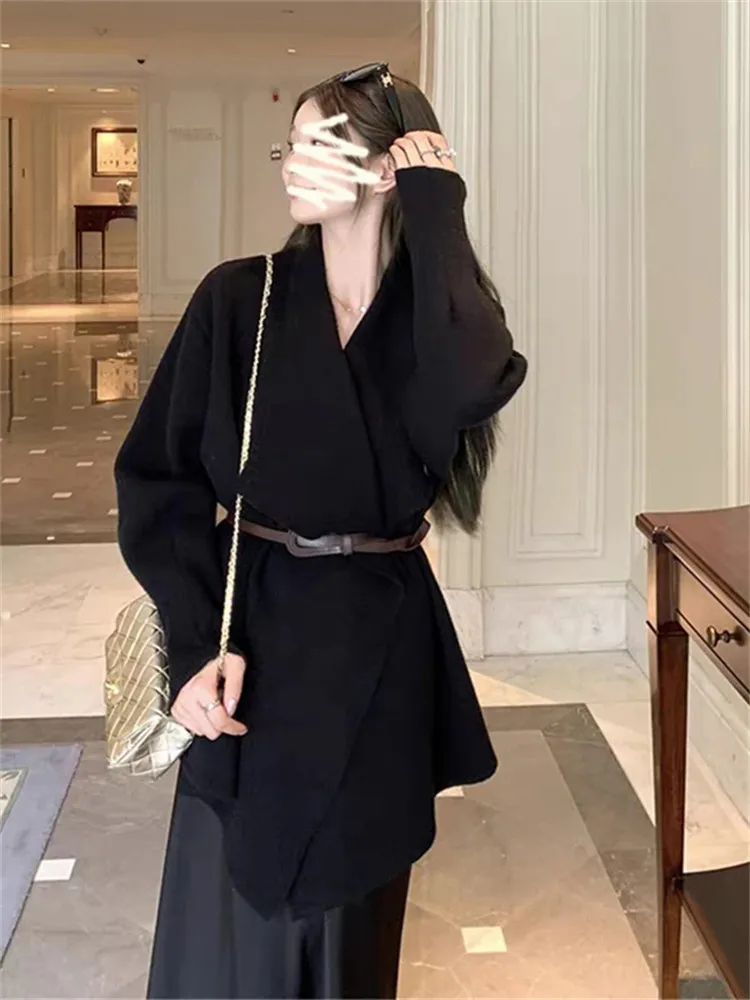 

Faionable High Waist Satin Fi Tail Skirt And Knitted Sweater Coat Set Korean Sle Long Sve Casual Wear for Women