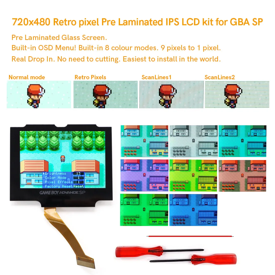 

V5 Drop In New 3.0'' 720x480 Pre-Laminated Retro Pixel IPS High Backlight LCD Screen For GBA SP With No Need to Cuting Shell