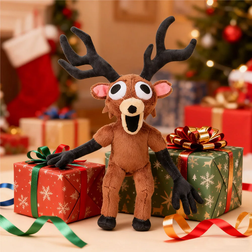 Juguete de peluche de ciervo de peluche: súper suave, huggable con grandes ojos expresivos, astas negras detalladas, cuerpo marrón y extremidades negras