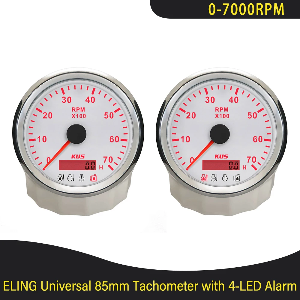 KUS 12VDC Vehicles Boats Universal 85mm Tachometer 0-7000RPM with Hourmeter and 4-LED Alarm Red Backlight