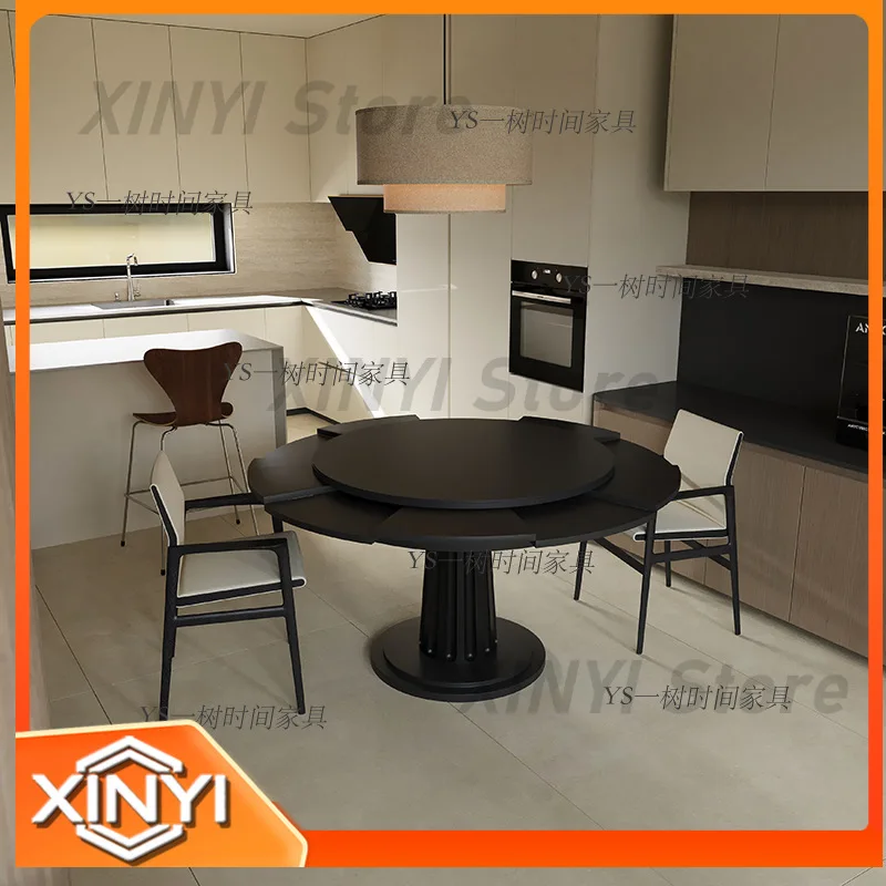Retro French Solid Wood Dining Table for Home Hotel Small Space Round Extendable Transformable Dining Table with Turntable