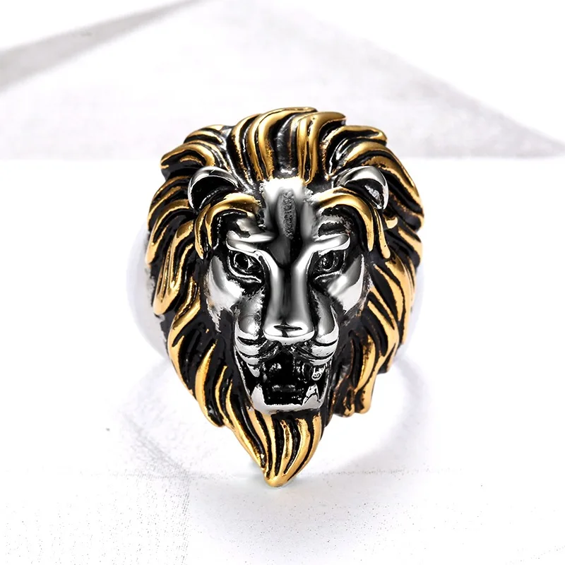 Personalized Retro Titanium Steel Ring Between Gold Lion Head Men's Ring Domineering Hip-hop Style Lion Head Ring