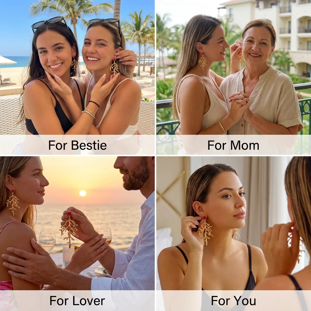 Boho Goldfarbene Korallenzweig-Ohrringe für Frauen Elegante 3D-Strukturierte Rote Akzente Hängeohrringe Sommer Künstlerischer Schmuck Geschenk – Detail 6