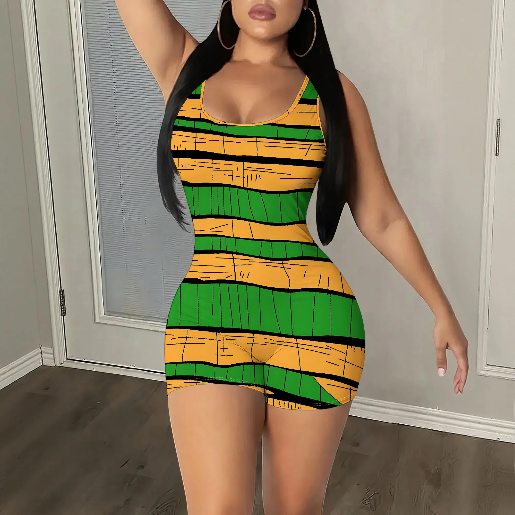 Striped Print Bodycon Dress, Sleeveless Mini Dress, Green Yellow Pattern, Clubwear Party Outfit, S-2XL
