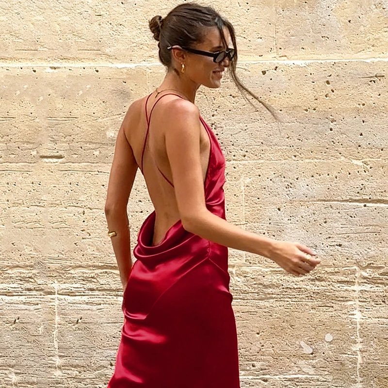 Typhaland Elegantes Satin-Abendkleid für Damen, Bankett, Rot, sexy V-Ausschnitt, Hosenträger, Maxikleid, rückenfrei, Fischschwanzkleid, Damenmode