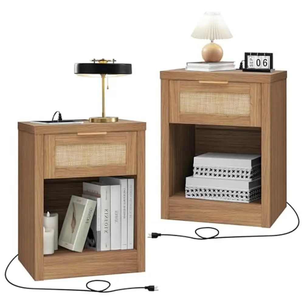 Bedside Table Rattan Nightstand Set 2 USB Type-C Charging Station Drawer Open Storage Stable Durable Multifunctional Bedroom End