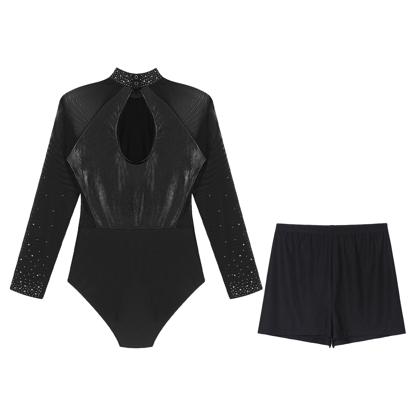 Women Figure Skating Leotard Set Long Sleeve Rhinestones Sheer Mesh Bodysuit with Shorts for Gymnastics Ballet Dance Acrobatics