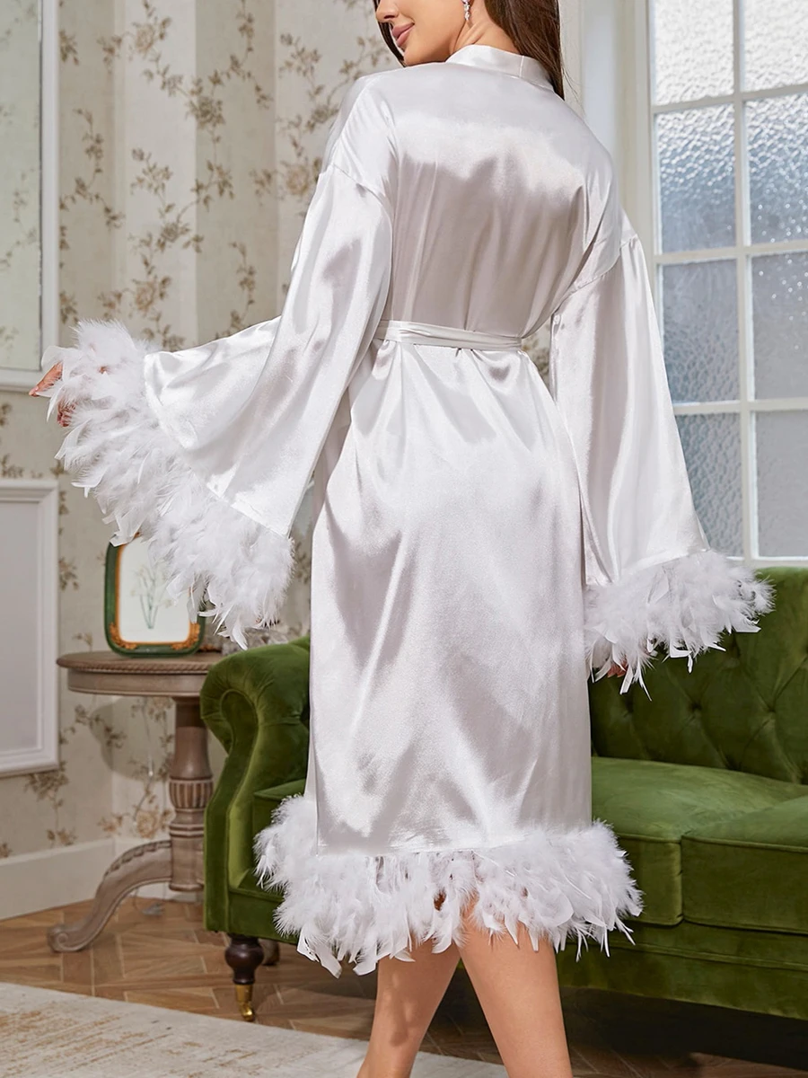 Women Sexy Long Sheer Kimono Robe See Through Bridal Robes Nightgown Lingerie Feather Nightdress Bathrobe Cover Up