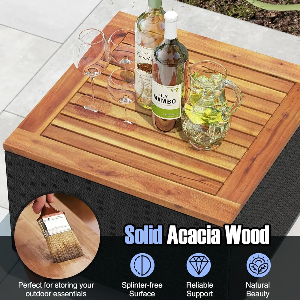 مجموعة محادثات تراس مكونة من 3 قطع، مع طاولة قهوة للتخزين، ومجموعة أريكة من الروطان PE، مع وسادة، ومستلزمات خارجية من خشب الحب