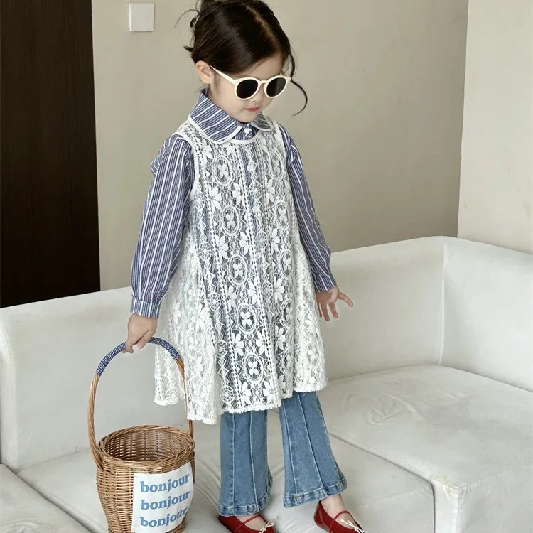 

Children's Korean version shirt 2024 Spring and Autumn new children's clothing girl lace dress vertical stripe shirt stylish